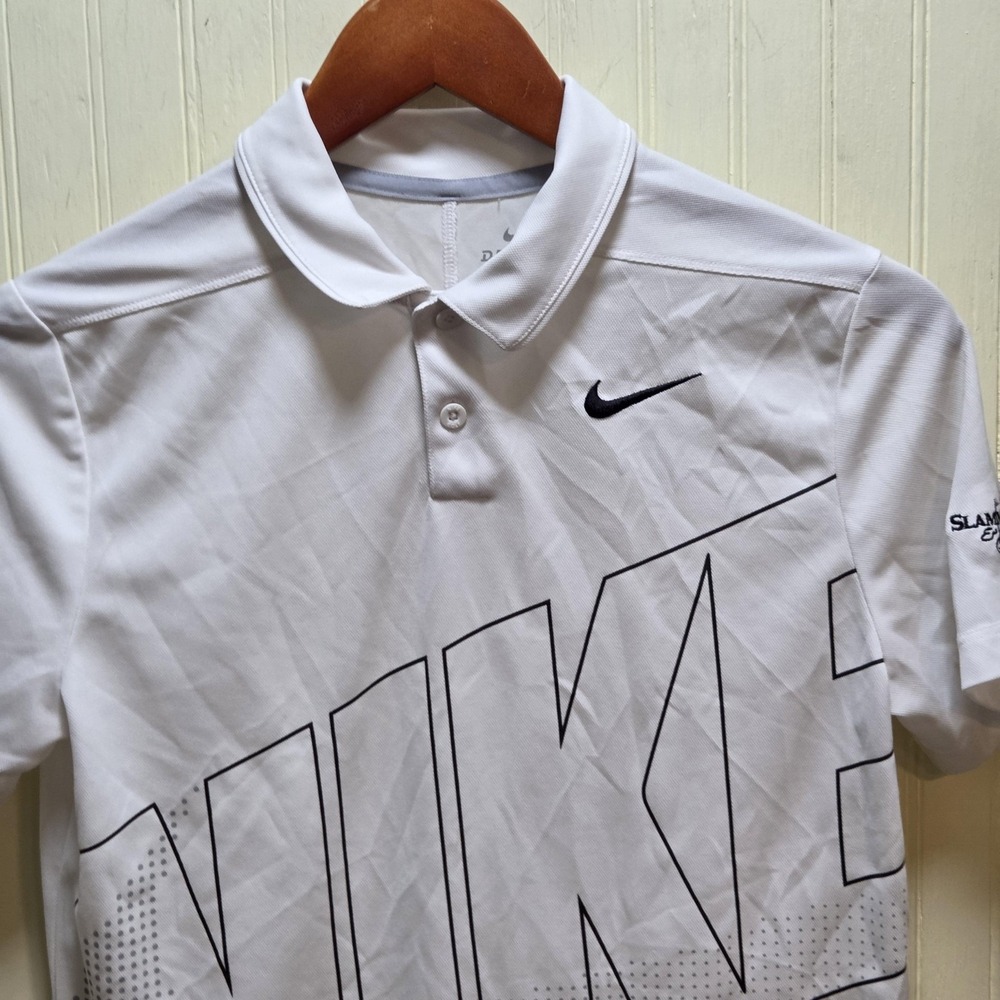 Nike Dri-FIT Polo Shirt Mens Large White Graphic Big Logo Slammer & Squire Golf